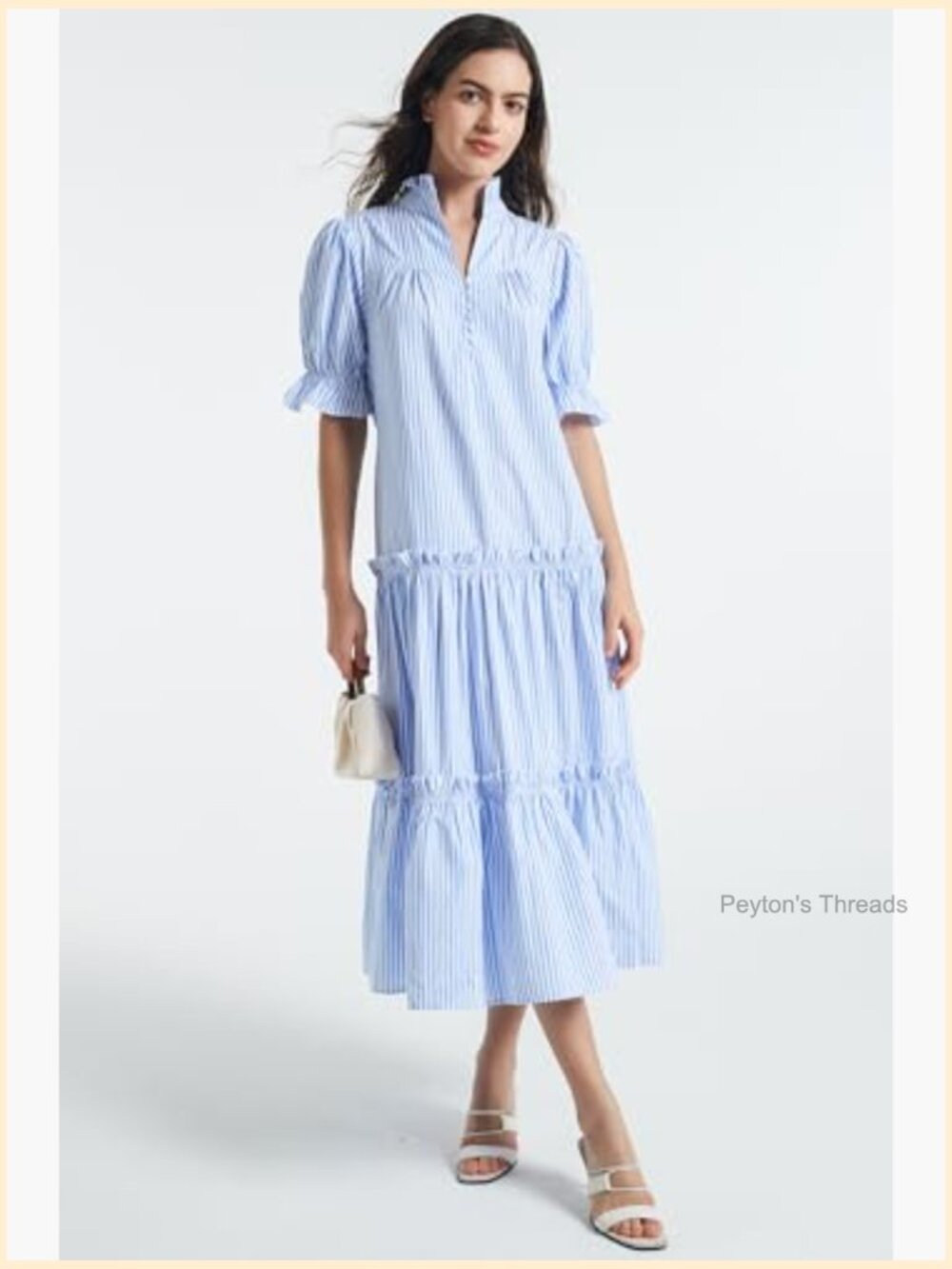 Women Casual Button Down Maxi Dress Short Puff Sleeves Stand Collar Tiered - Picture 7 of 7